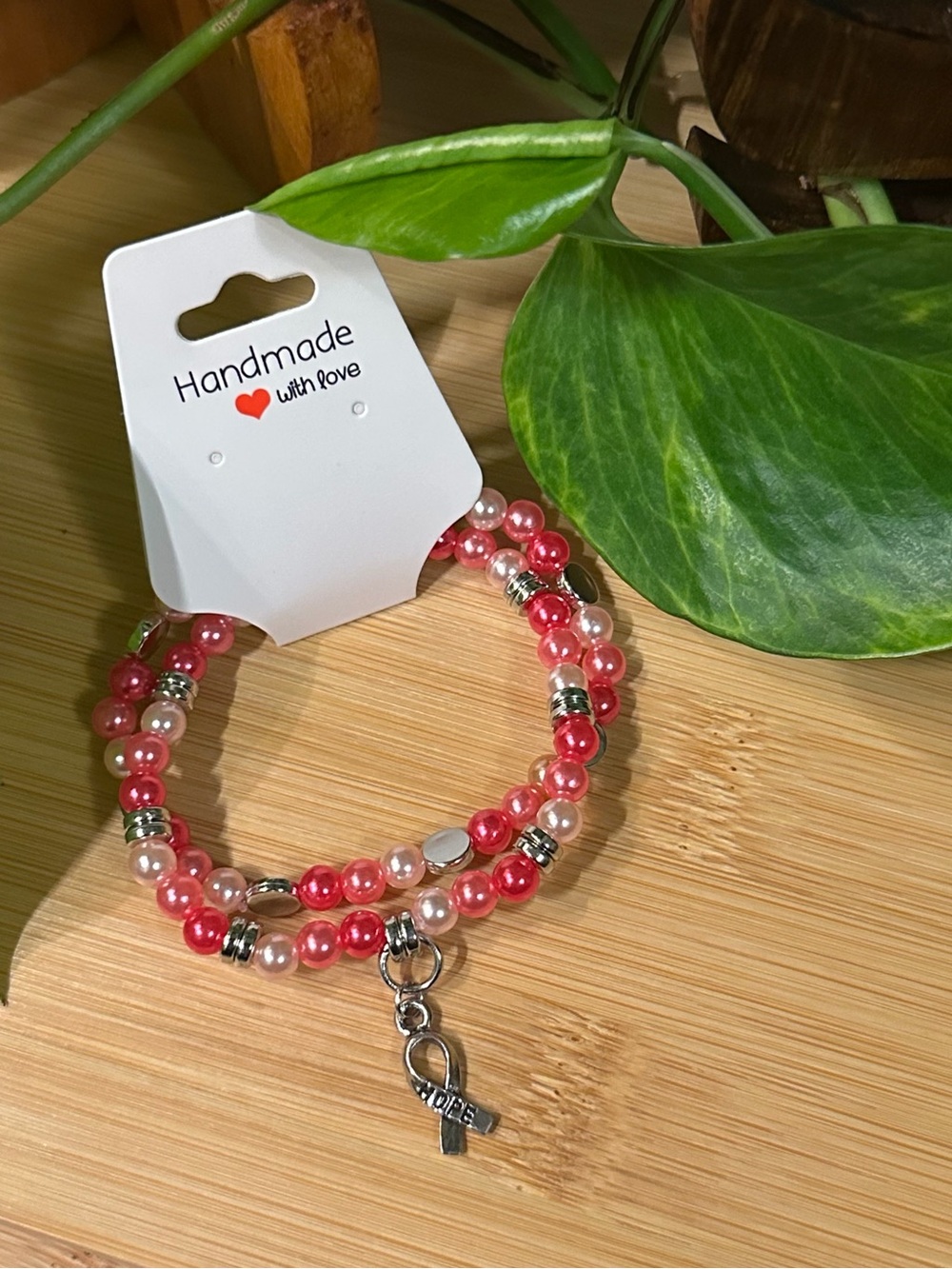 🎀Breast Cancer Awareness‎ 2-PC Stretchy Bracelet Set | Handmade |Dangle Charm🎀